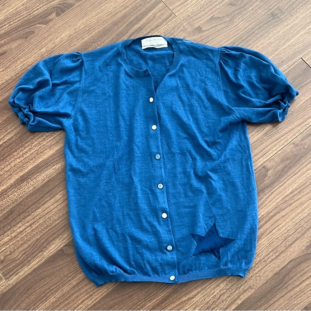 Yves Saint Laurent Blue Star Cashmere Silk Button Up Short Cardigan Sweater